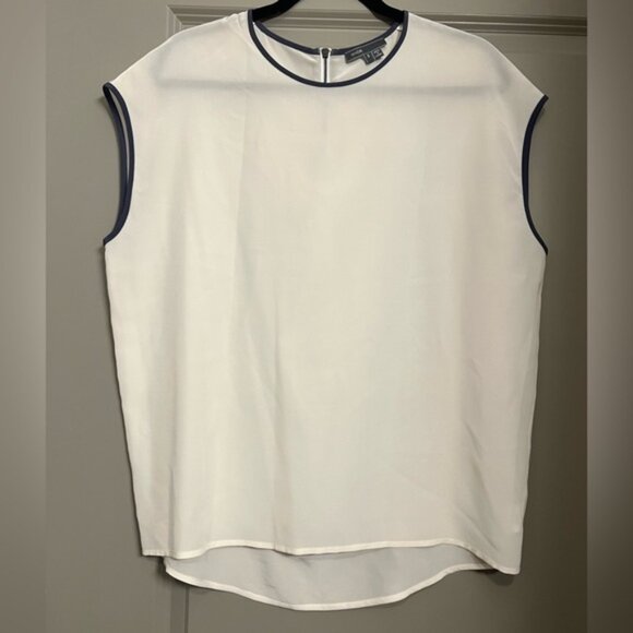 Vince Cream 100% Silk Top with Blue Trim Size Small - Boxy Fit - Picture 1 of 12